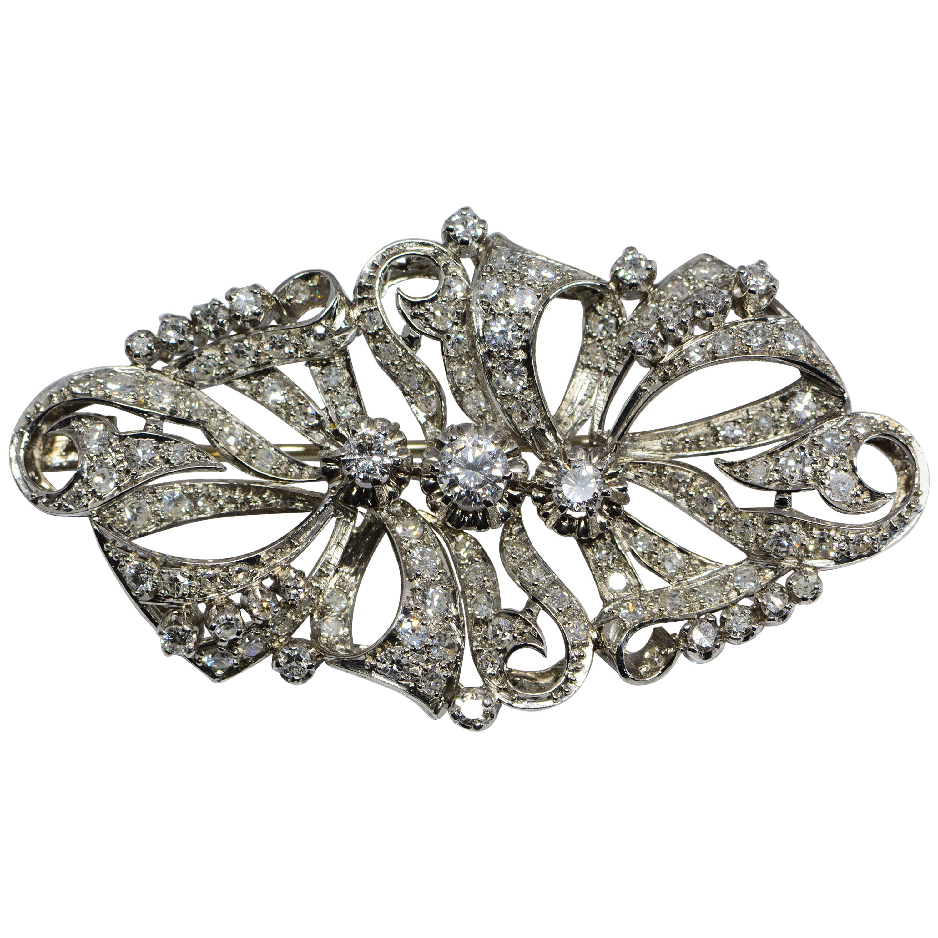 Estate Diamond and Platinum Brooch 2.98 Carats For Sale