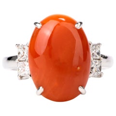 Estate Diamond and Red Natural Coral Platinum Cocktail Ring