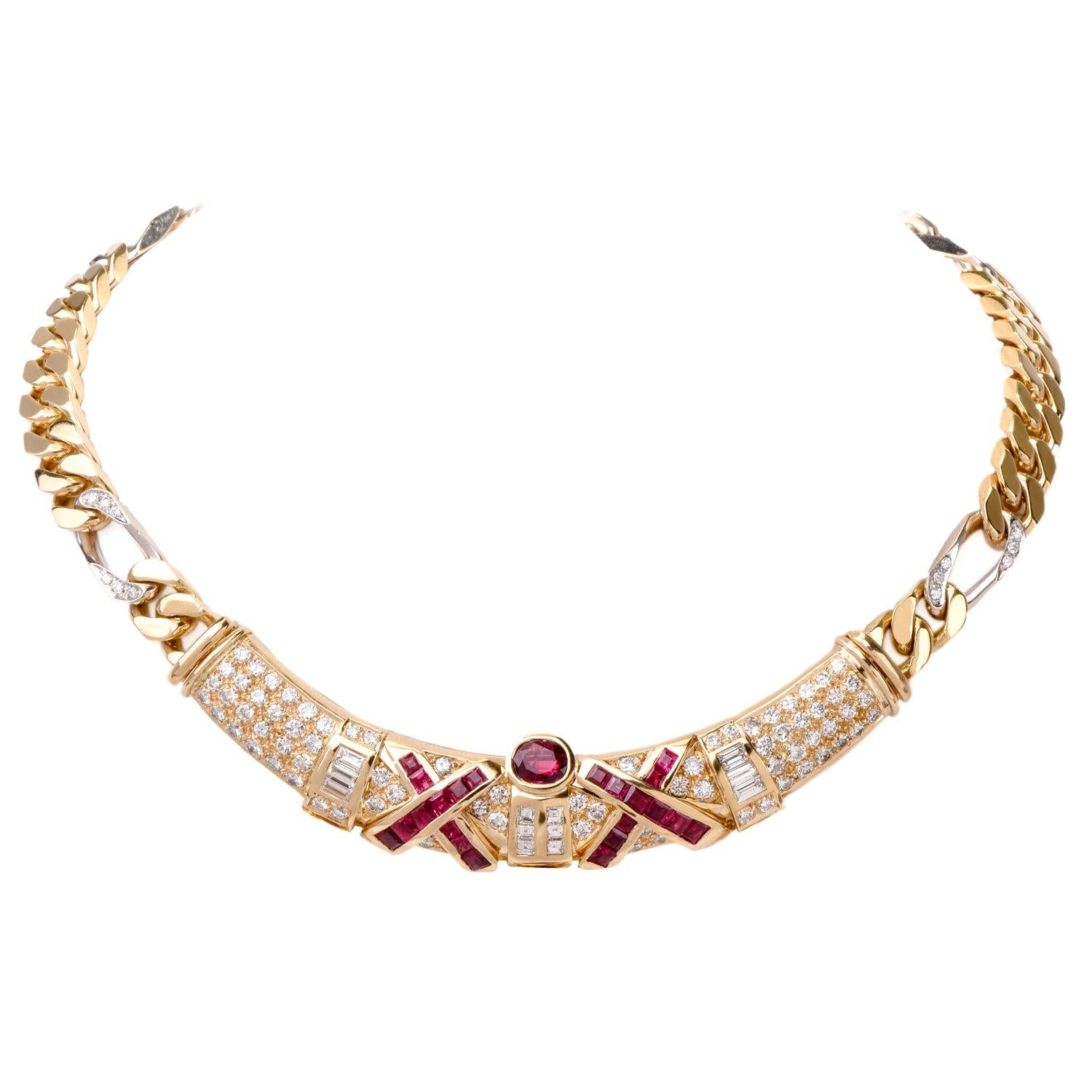 Estate Diamond and Red Ruby 18 Karat Gold Choker Necklace