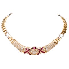 Estate Diamond and Red Ruby 18 Karat Gold Choker Necklace