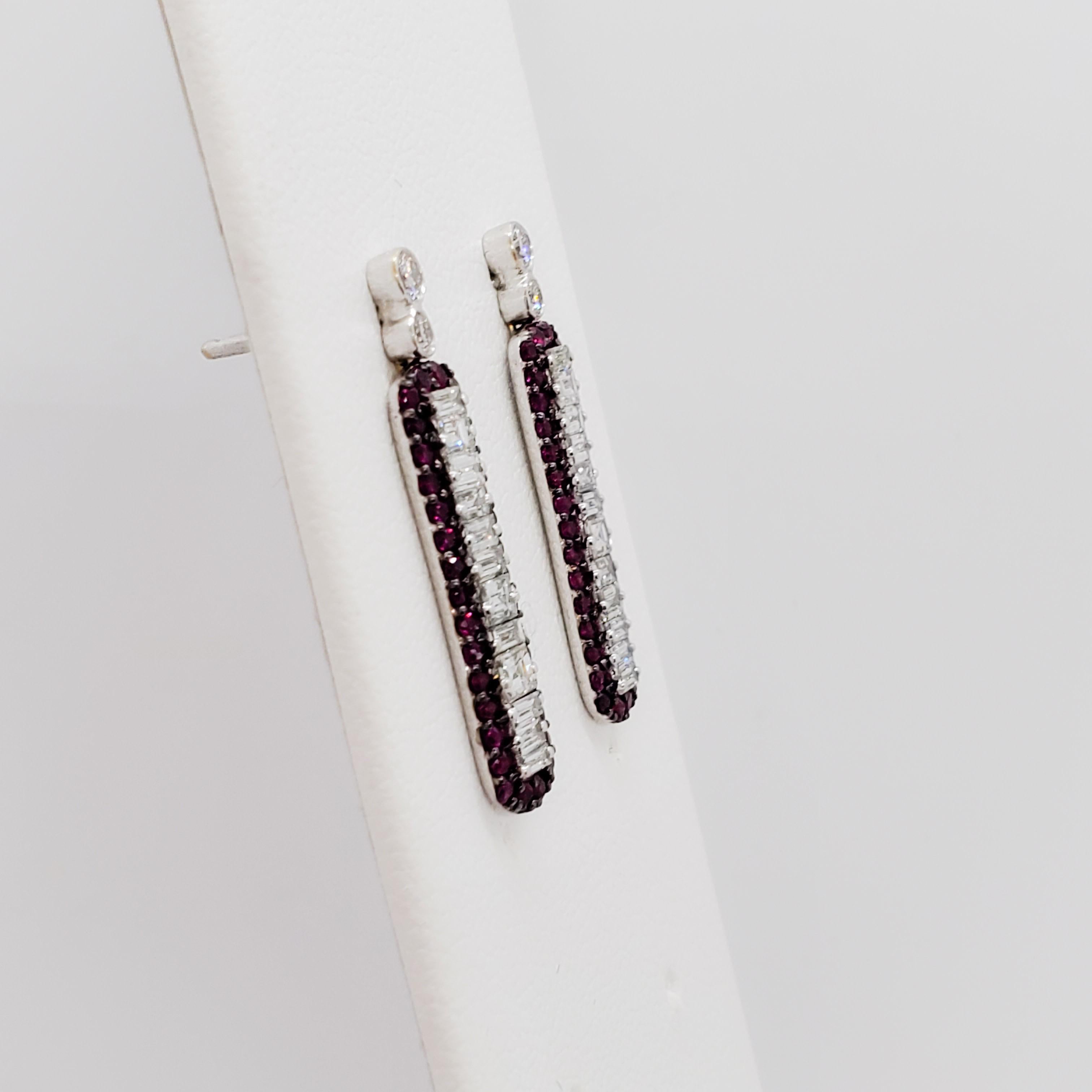 Baguette Cut  Diamond and Ruby Dangle Earrings in 18k White Gold For Sale
