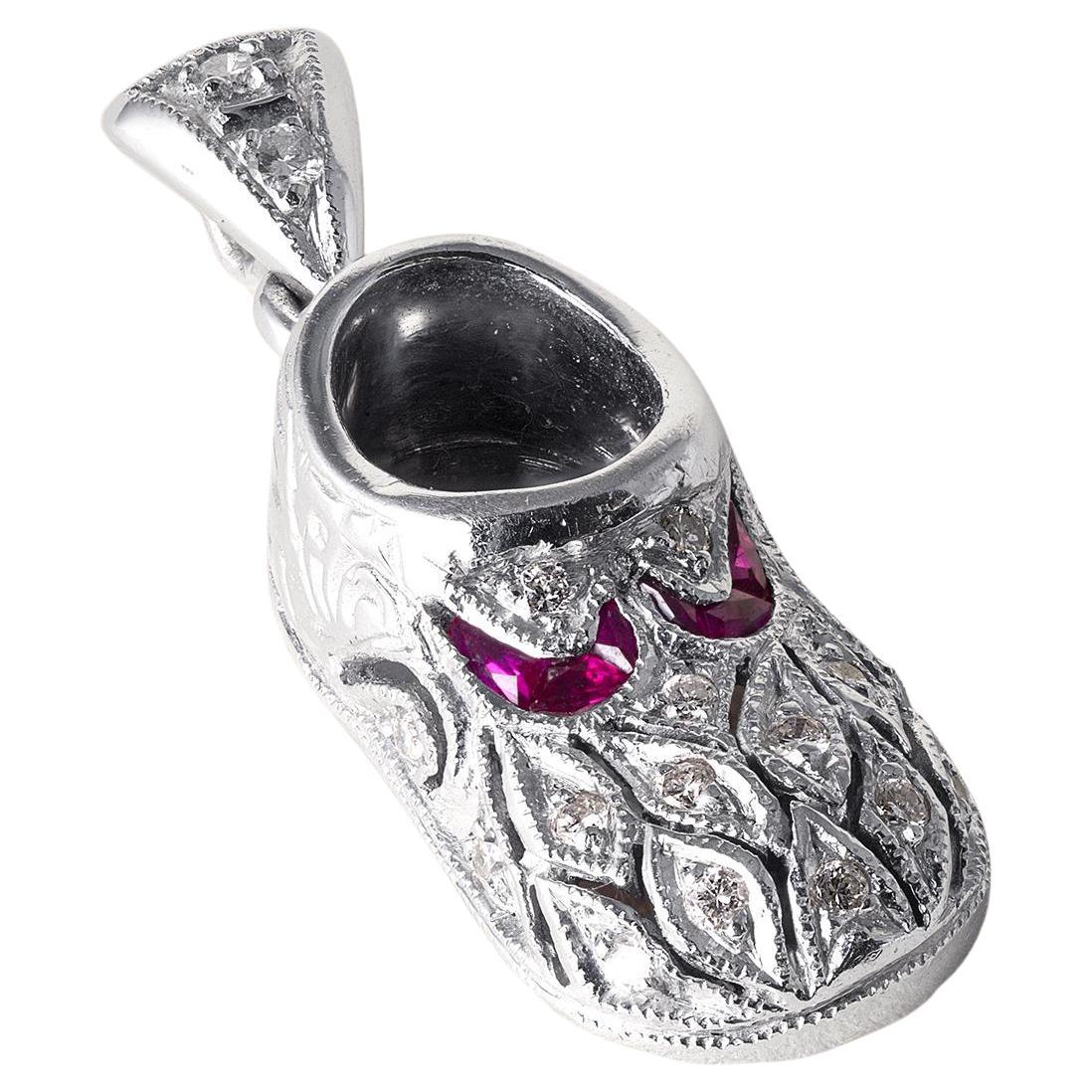 Estate Diamond und Rubin Slipper Anhänger 18K Weißgold