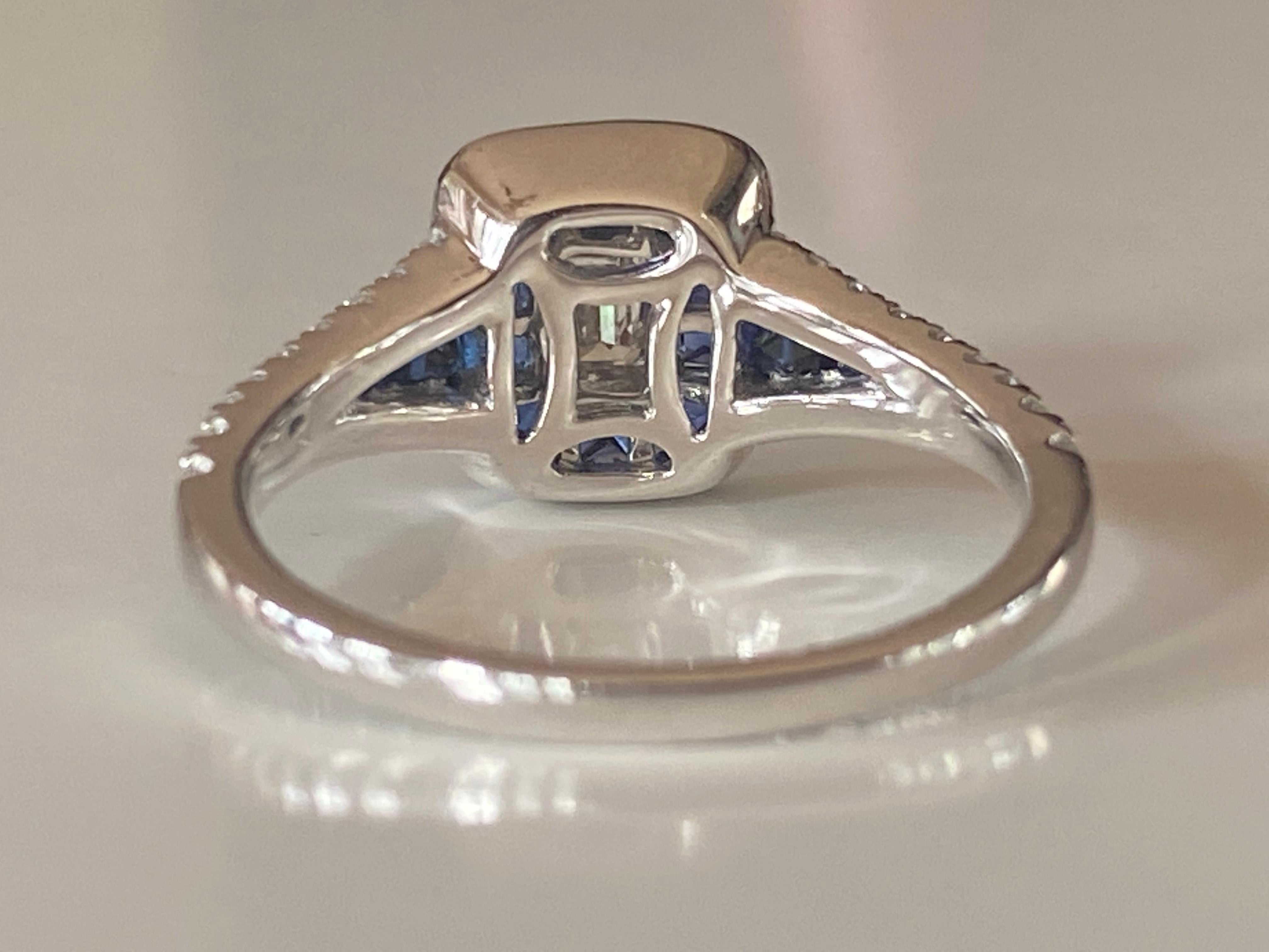 Emerald Cut Estate Diamond and Sapphire Cluster Ring For Sale