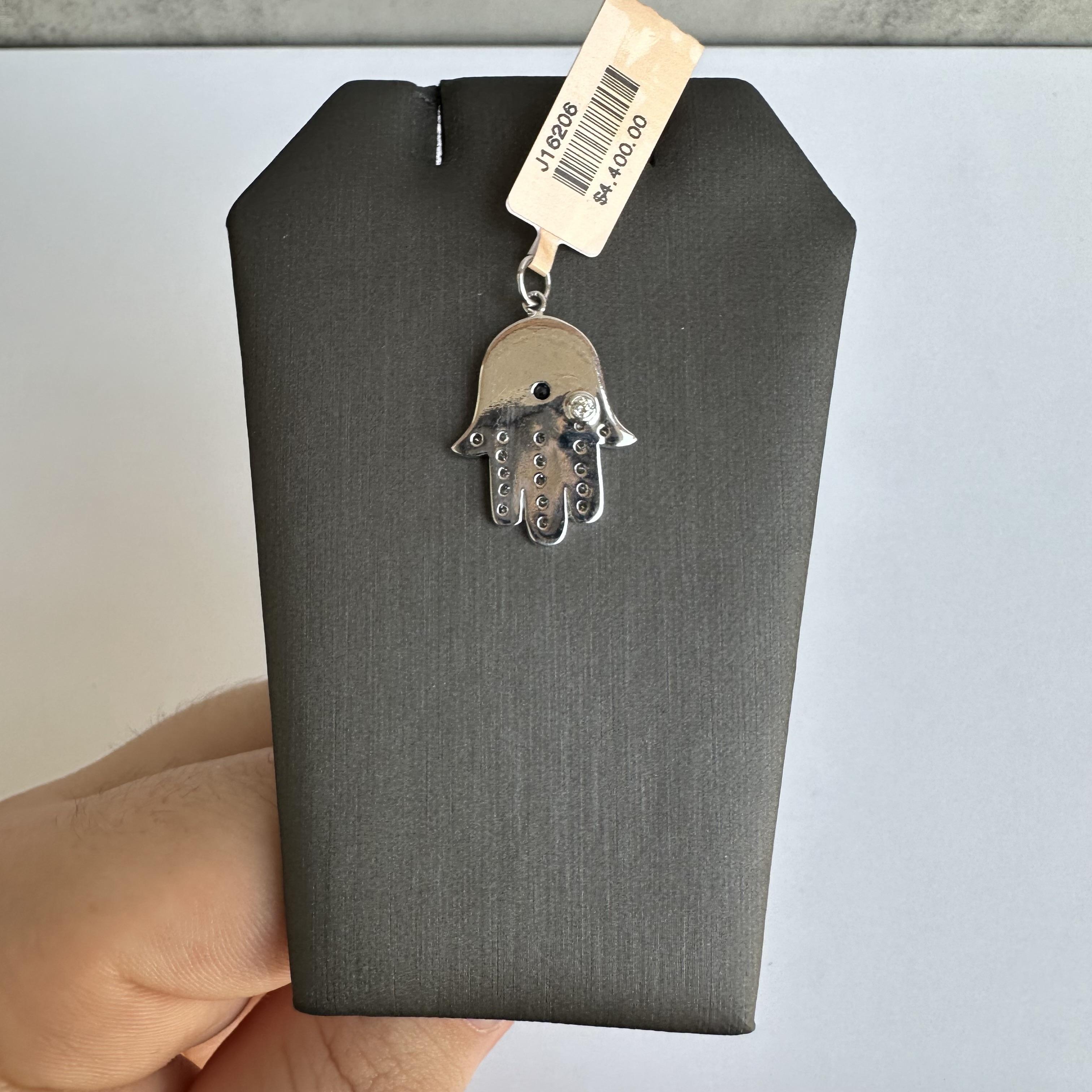Round Cut Estate Diamond and Sapphire Hamsa Pendant in 18kt White Gold - 0.80ctw Diamonds For Sale