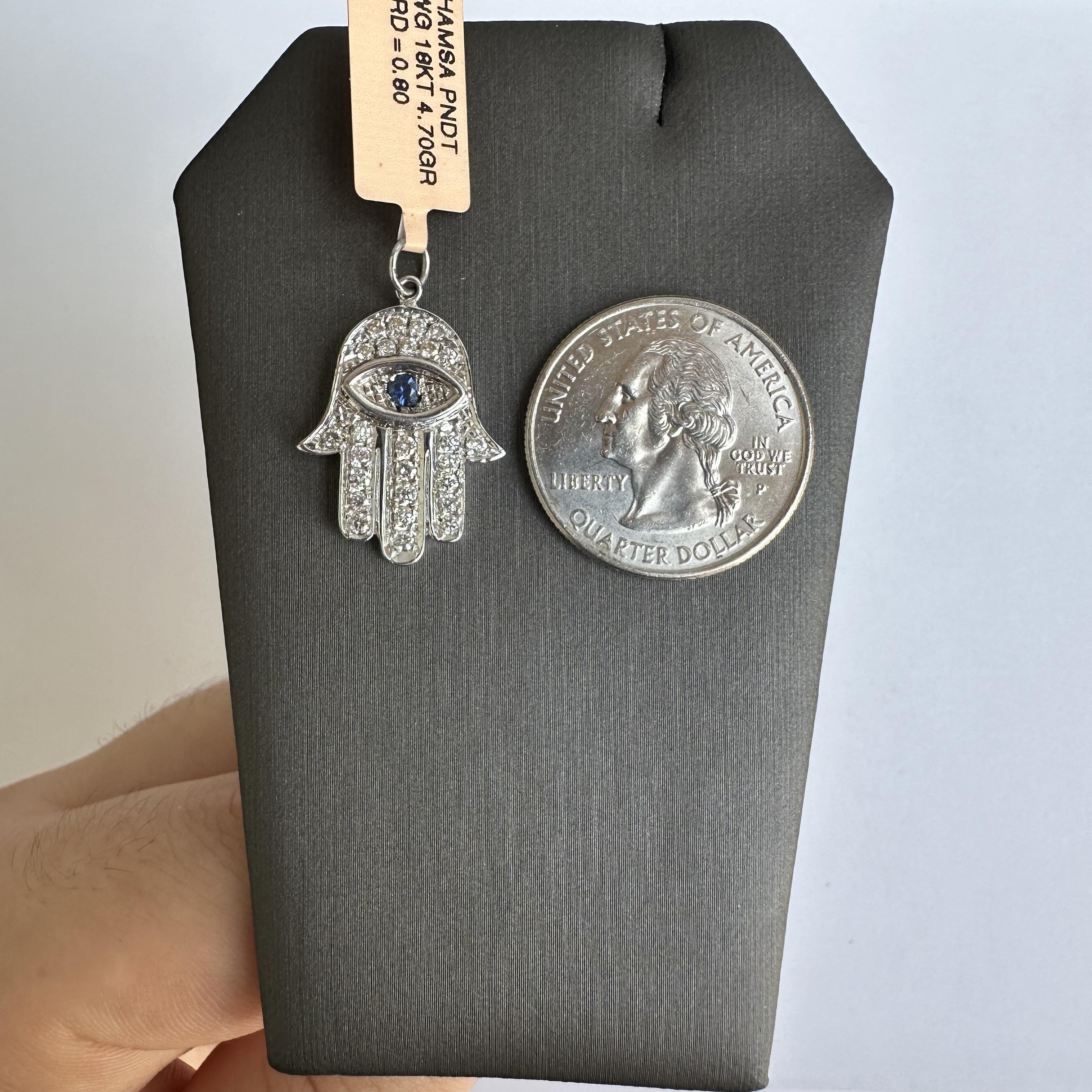 Estate Diamond and Sapphire Hamsa Pendant in 18kt White Gold - 0.80ctw Diamonds In Excellent Condition For Sale In West Hempstead, NY