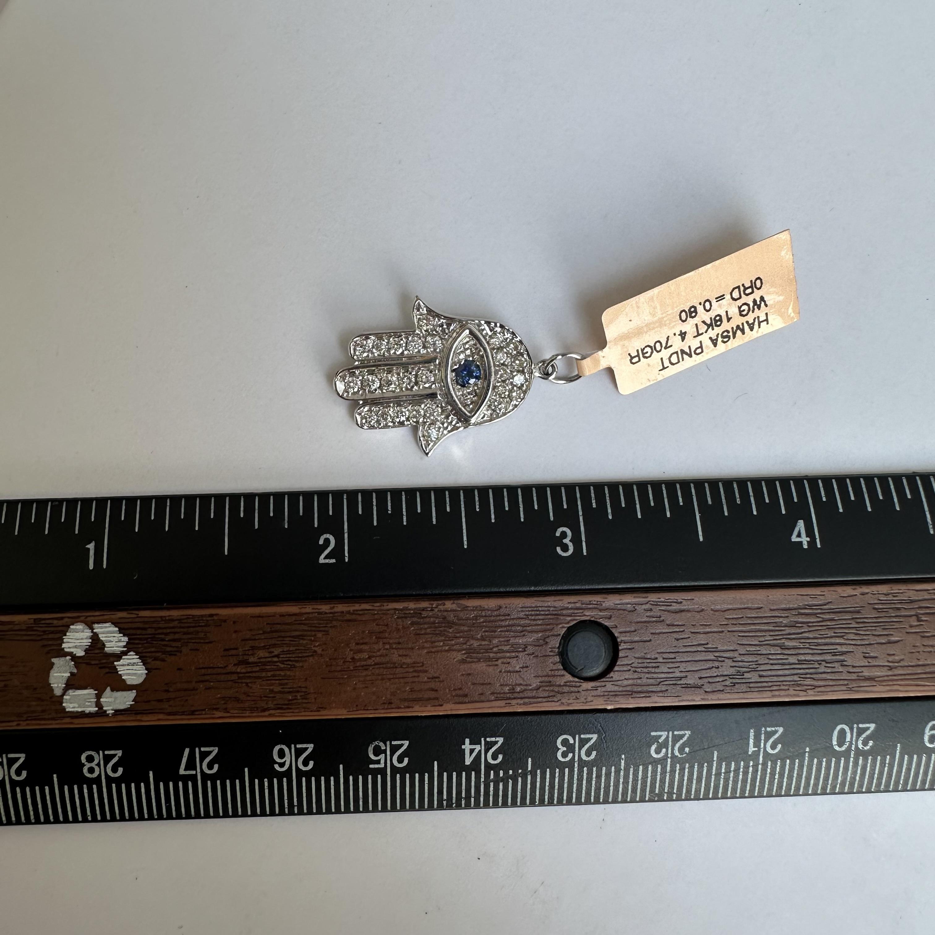 Women's Estate Diamond and Sapphire Hamsa Pendant in 18kt White Gold - 0.80ctw Diamonds For Sale