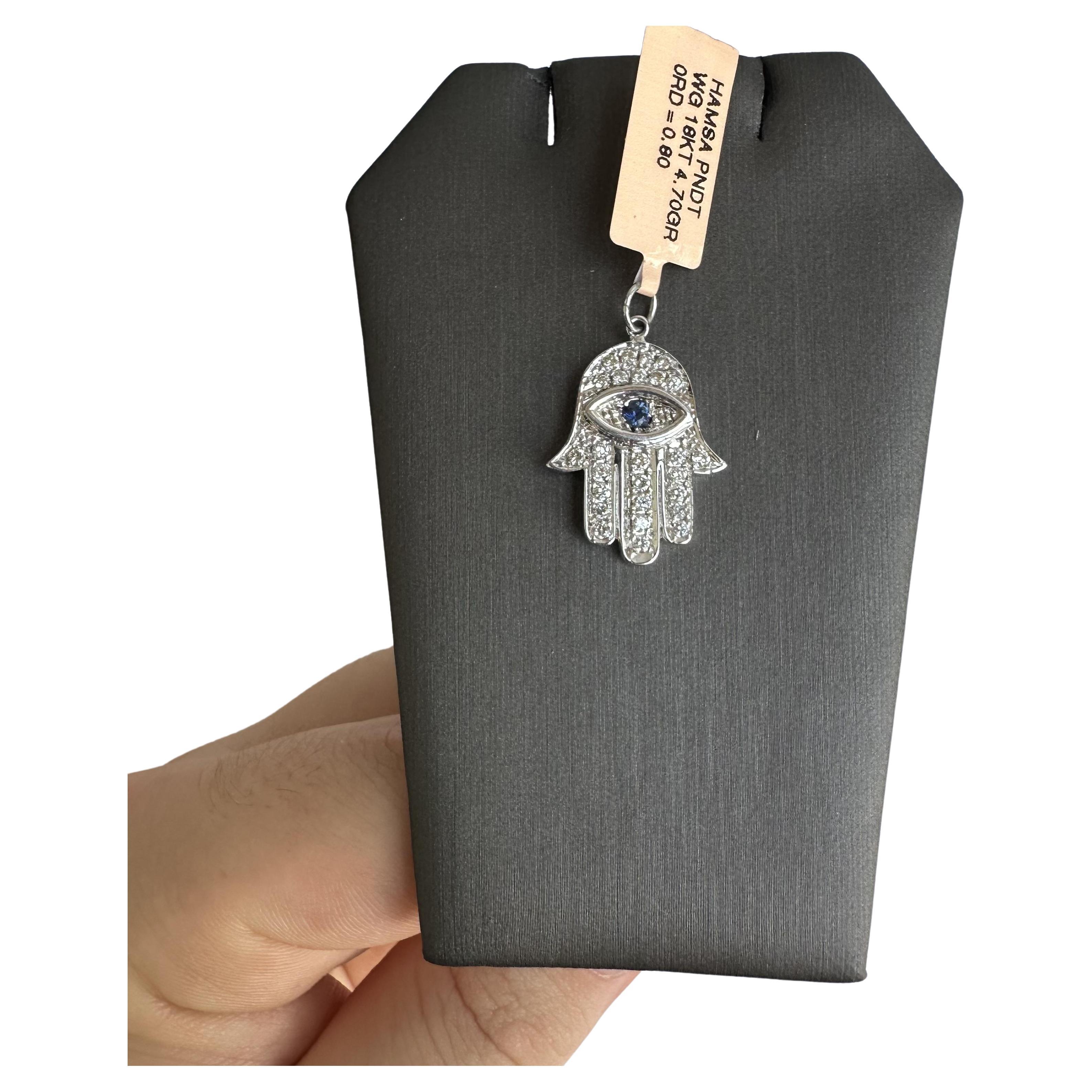 Estate Diamond and Sapphire Hamsa Pendant in 18kt White Gold - 0.80ctw Diamonds For Sale