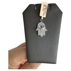 Estate Diamond and Sapphire Hamsa Pendant in 18kt White Gold - 0.80ctw Diamonds