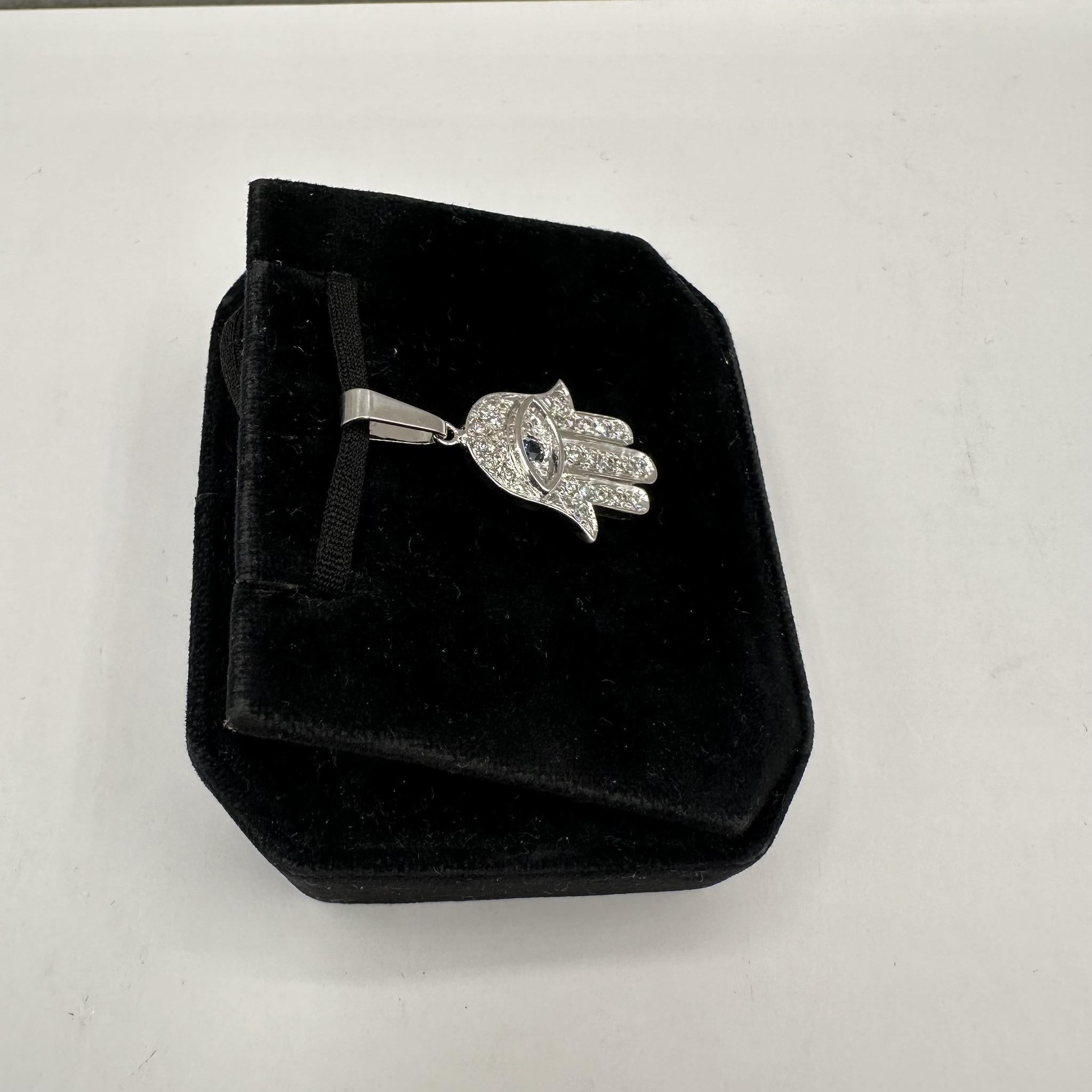 Round Cut Estate Diamond and SEstate Diamond and Sapphire Hamsa Pendant in 18kt White Gold