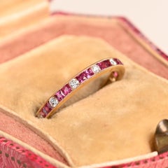 Half Eternity Diamond and Ruby Wedding Band. 2 by 1 Alternate Yellow Gold Band