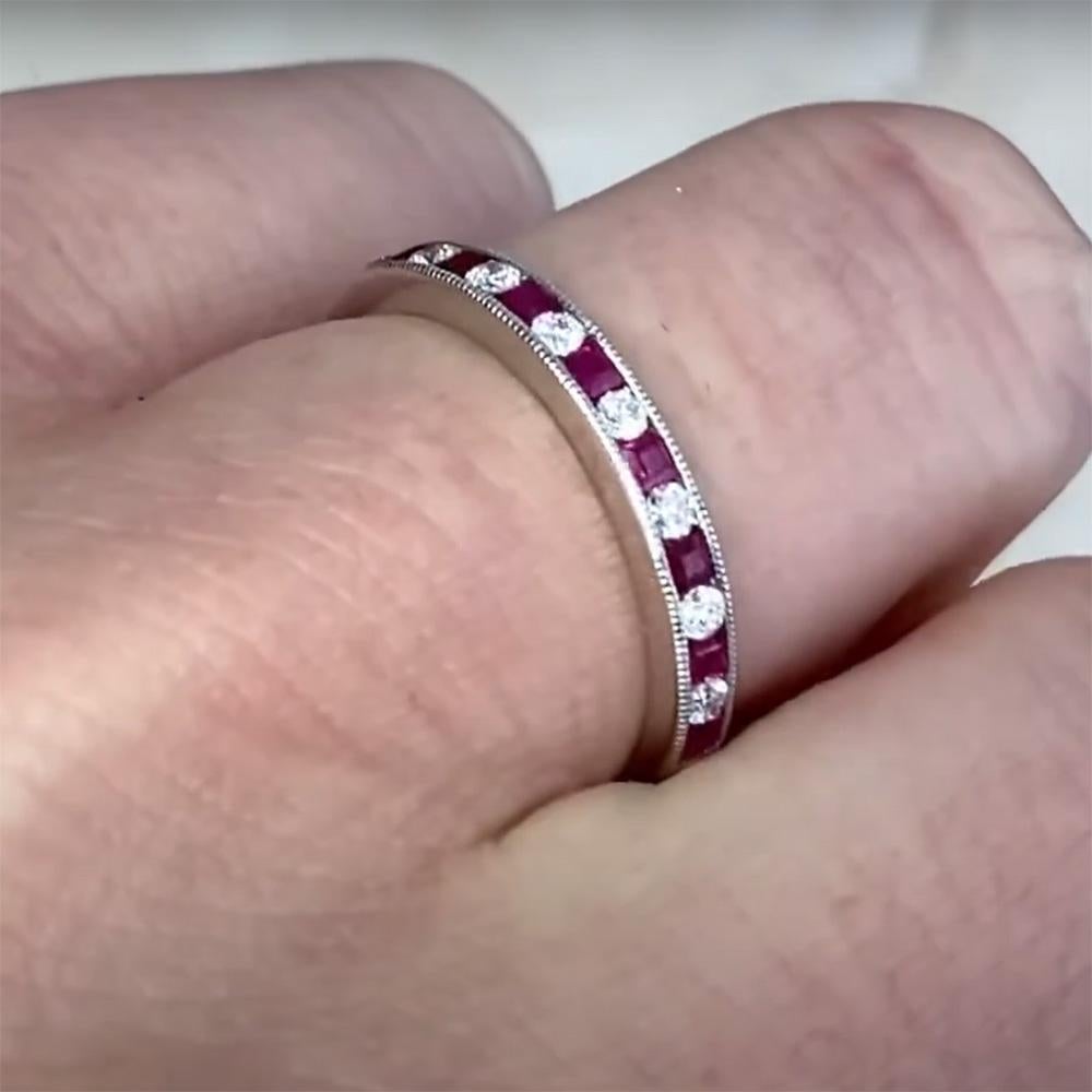 Art Deco Estate Diamond (Approx. 0.10-Carats) & Ruby Half Eternity Band, 14k White Gold For Sale
