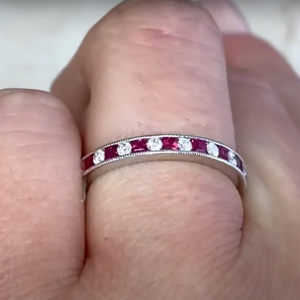 Round Cut Estate Diamond (Approx. 0.10-Carats) & Ruby Half Eternity Band, 14k White Gold For Sale