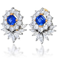 Estate Diamond & Asscher-Cut Sapphire Platinum Halo Clip-On Stud Earrings