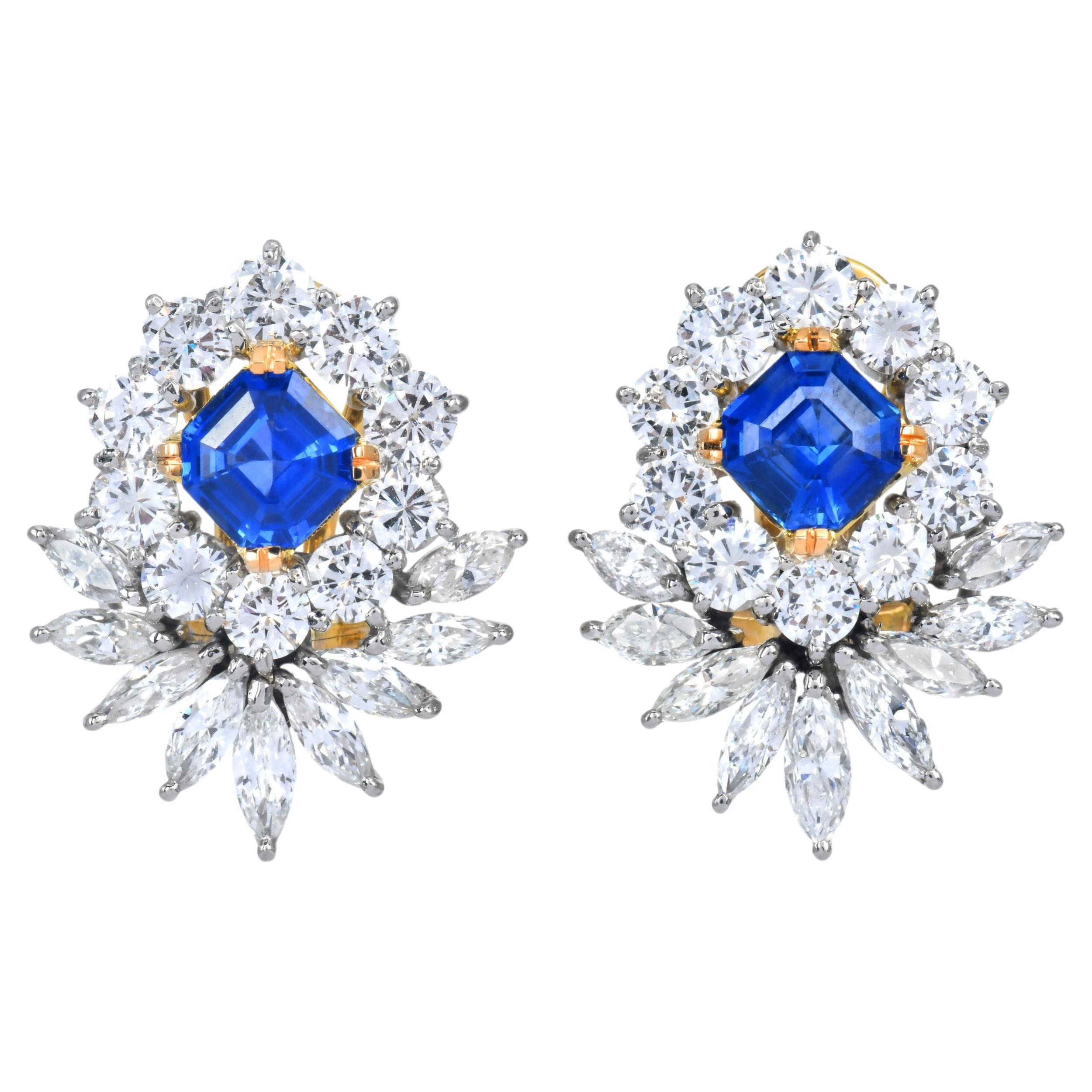 Estate Diamond & Asscher-Cut Sapphire Platinum Halo Clip-On Stud Earrings