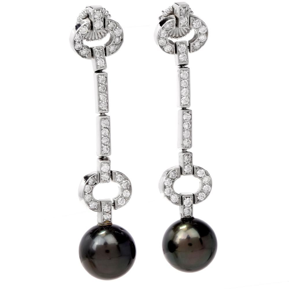 Women's Estate Diamond Black South Sea Pearl 14 Karat White Gold Dangle Drop Earrings