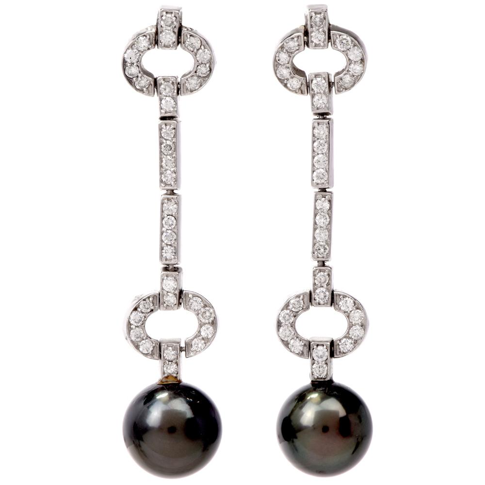 Estate Diamond Black South Sea Pearl 14 Karat White Gold Dangle Drop Earrings