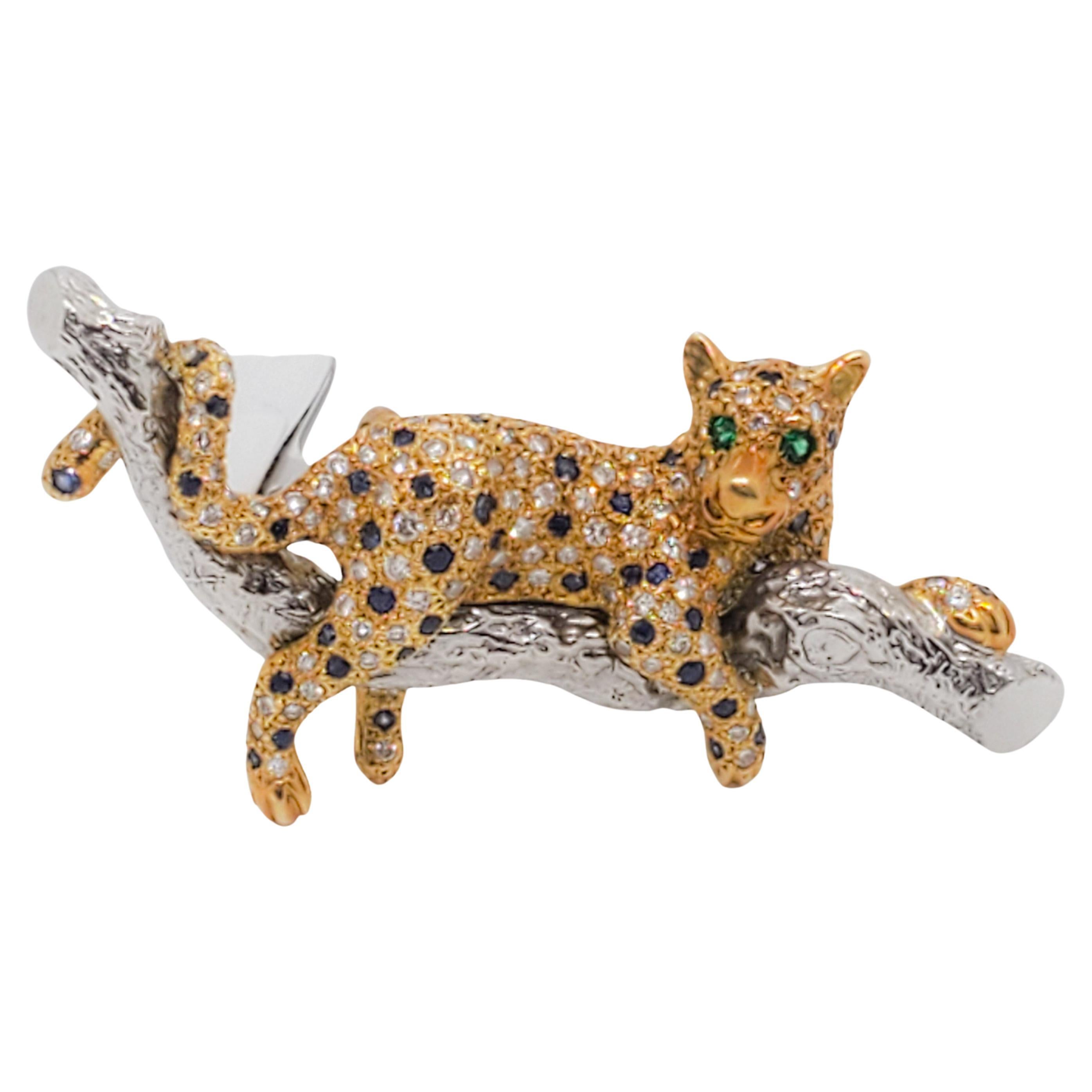 Estate Diamond, Blue Sapphire, and Emerald Panther Pendant in 18k