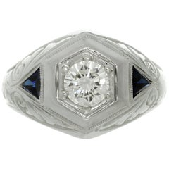 Vintage Estate Diamond Blue Sapphire White Gold Men's Ring