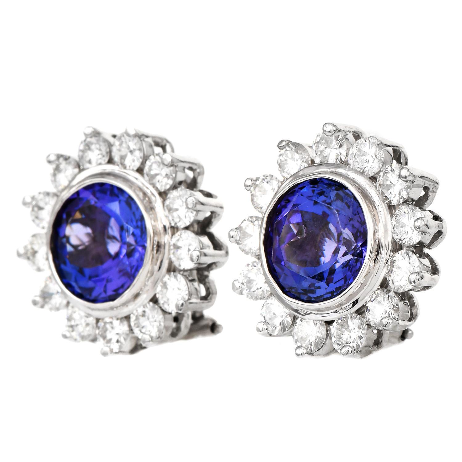 A magnificent display of a Deep, Vivid Purple Blue Color!

They are crafted in solid platinum with a High polished finish, a floral motif, and a halo design of diamonds surrounding the pieces.

 Composed of (26) round-cut, pave-set, Diamonds