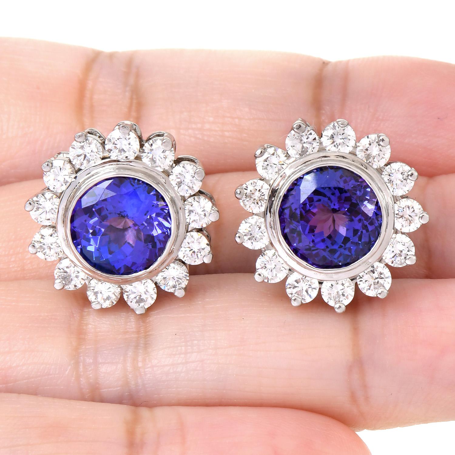 Women's Estate Diamond Blue Tanzanite Platinum Flower Halo Clip on Earrings