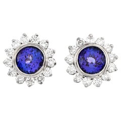 Estate Diamond Blue Tanzanite Platinum Flower Halo Clip on Earrings
