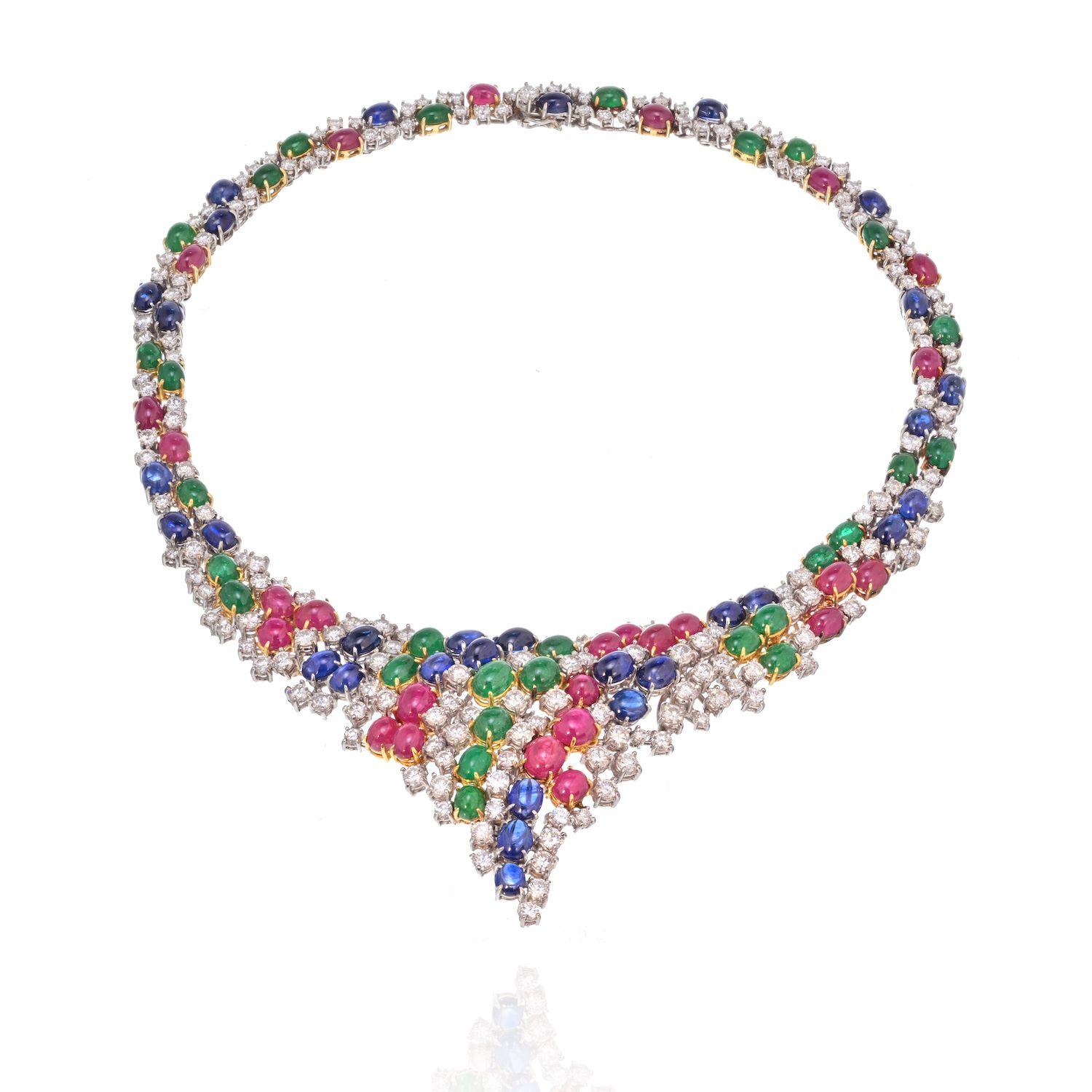 Modern Estate Diamond, Cabochon Emeralds, Sapphires and Rubies 38 Carat Fine Necklace For Sale