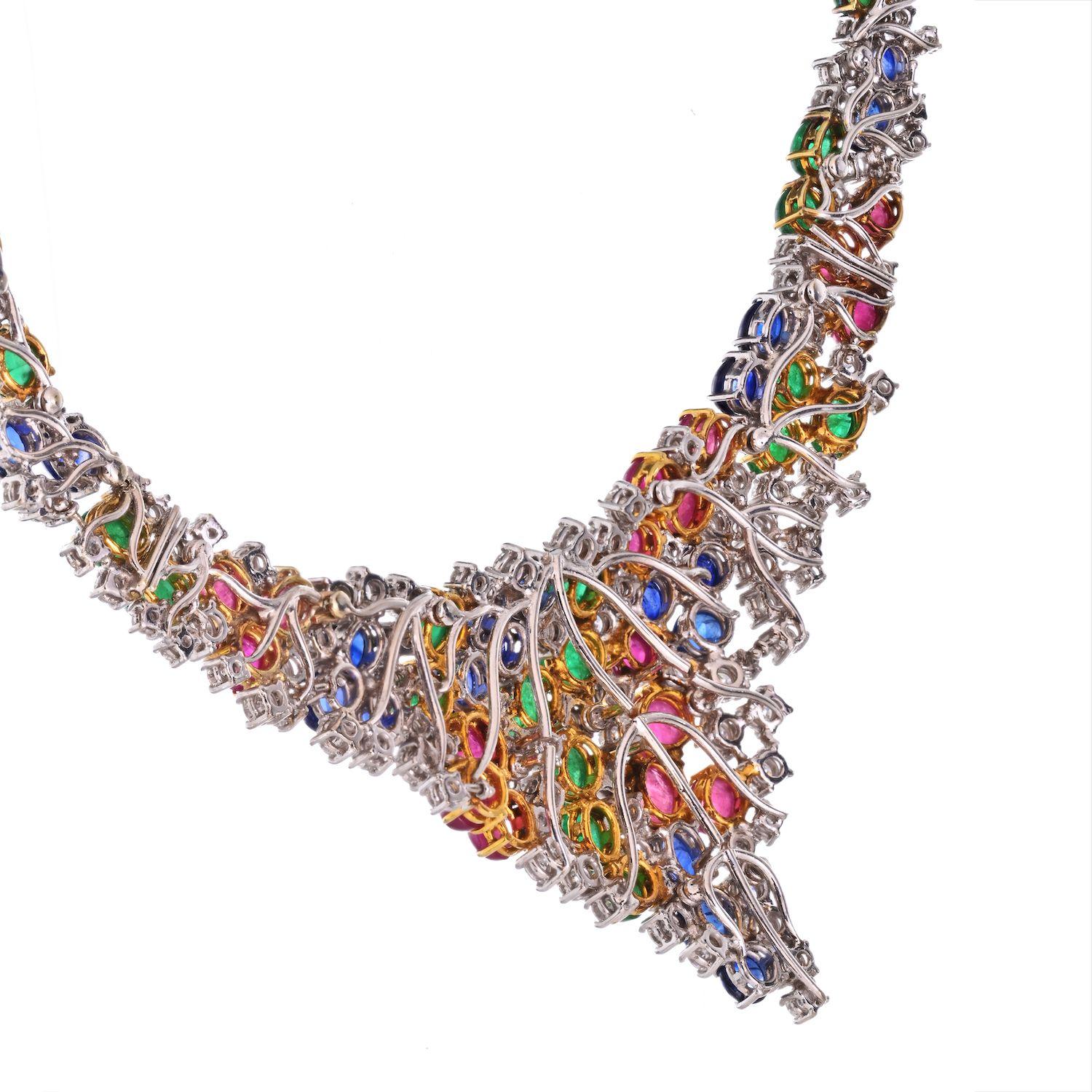 Estate Diamond, Cabochon Emeralds, Sapphires and Rubies 38 Carat Fine Necklace In Excellent Condition For Sale In New York, NY