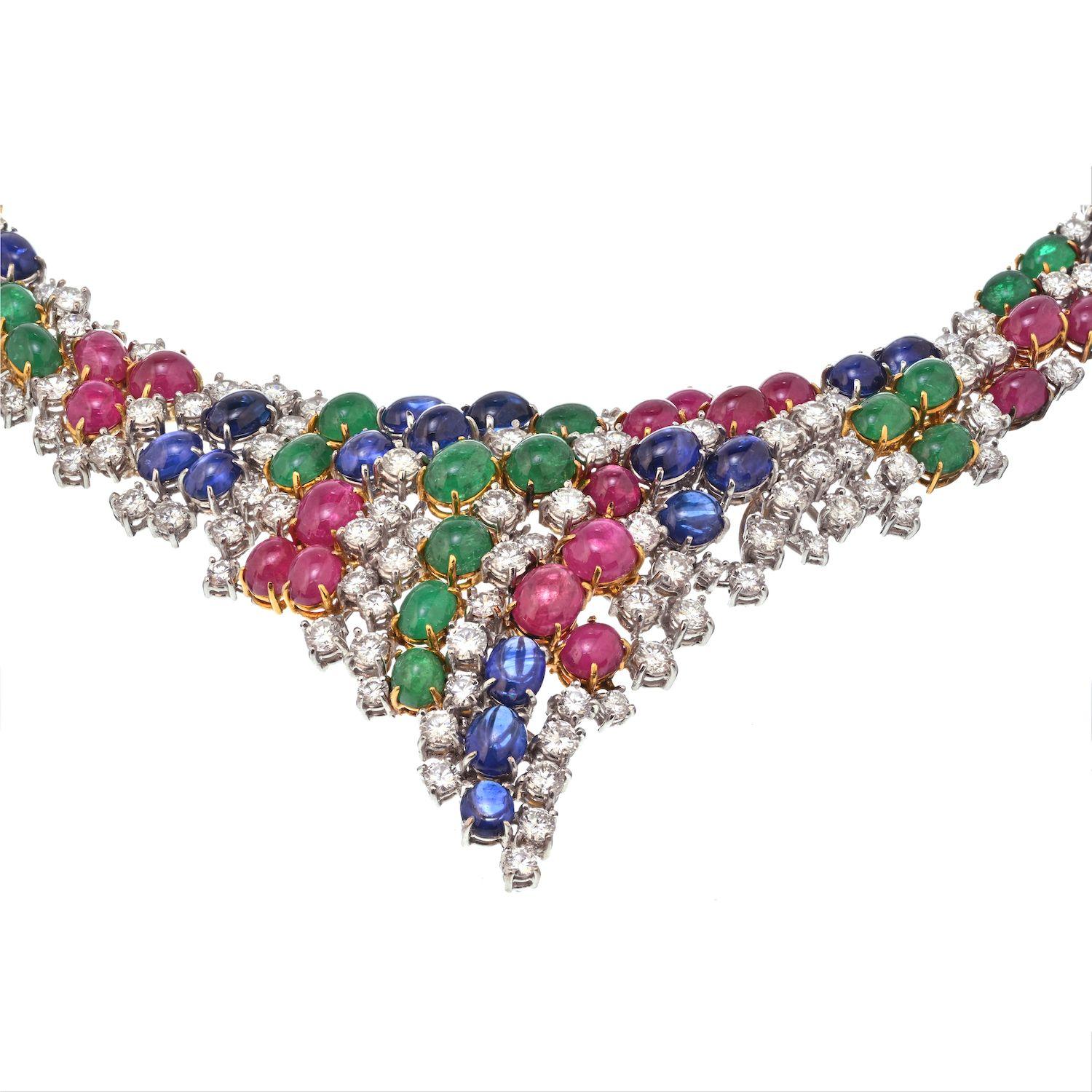 Women's Estate Diamond, Cabochon Emeralds, Sapphires and Rubies 38 Carat Fine Necklace For Sale