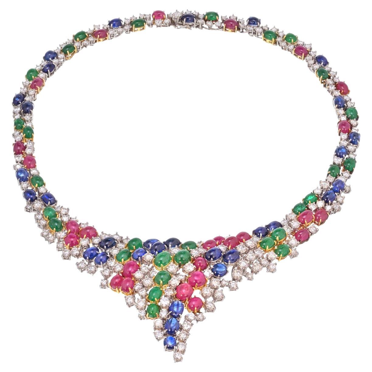 Estate Diamond, Cabochon Emeralds, Sapphires and Rubies 38 Carat Fine Necklace For Sale