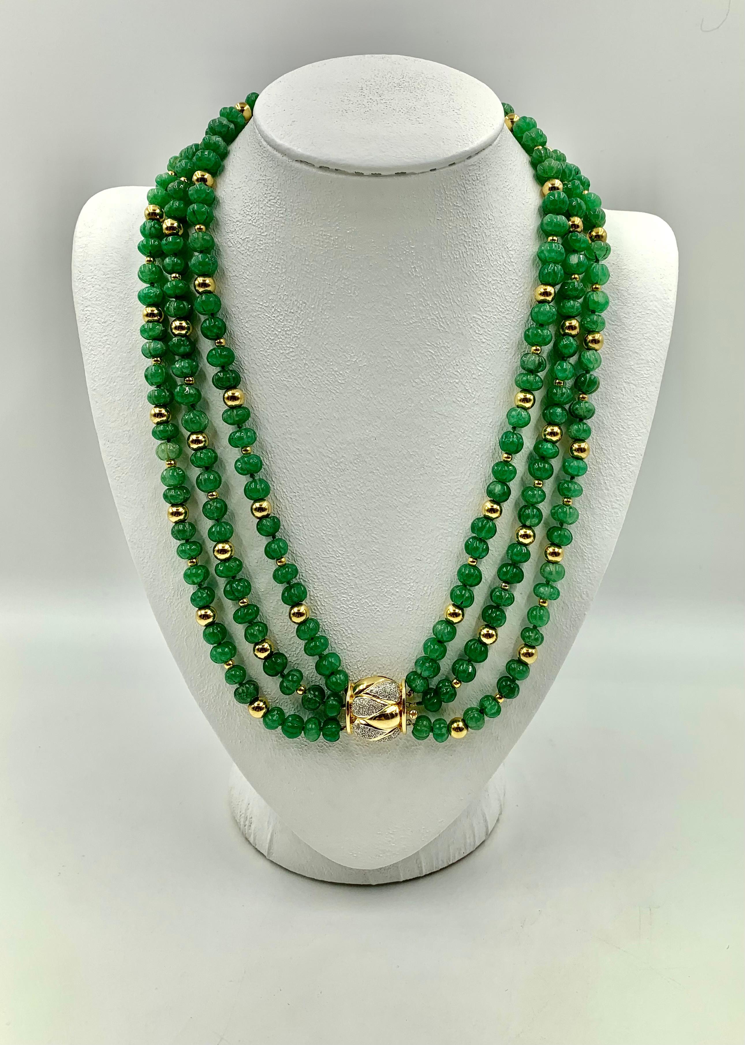 Estate Diamond Carved Chrysoprase 18K Gold Bead Triple Strand Designer Necklace In Good Condition For Sale In New York, NY