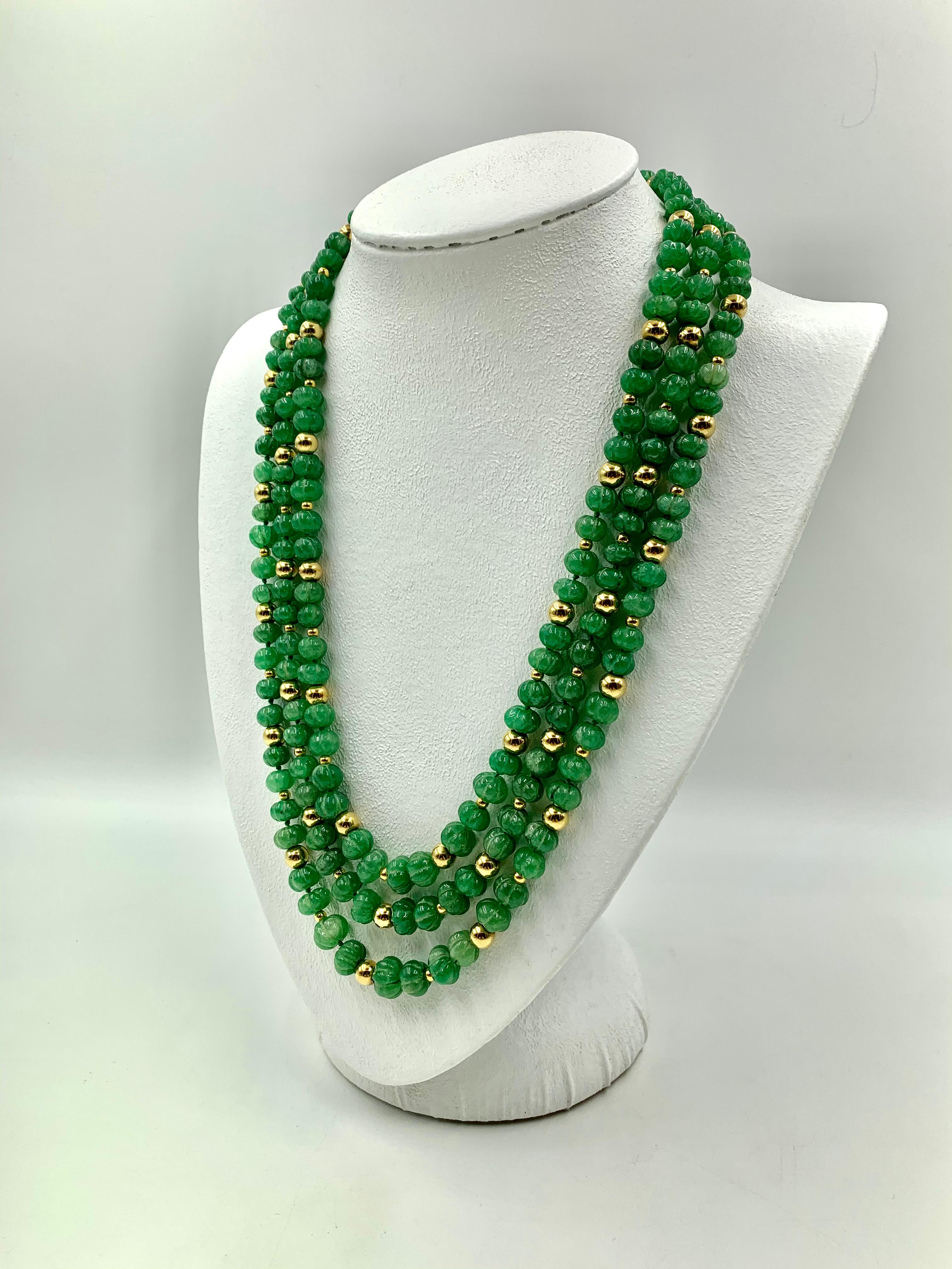 Women's Estate Diamond Carved Chrysoprase 18K Gold Bead Triple Strand Designer Necklace For Sale