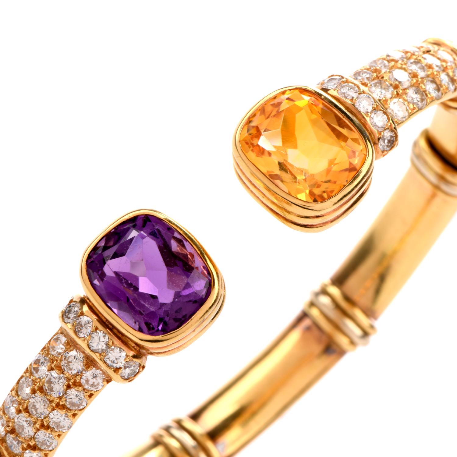 This chic Diamond Citrine Amethyst Cuff Bracelet was inspired  in a pave and wire wrapped design and crafted in luxurious 40.8 grams of 18K gold. The center is focused with 2 cushion shaped 

gemstones, Amethyst and Citrine.  Each measure