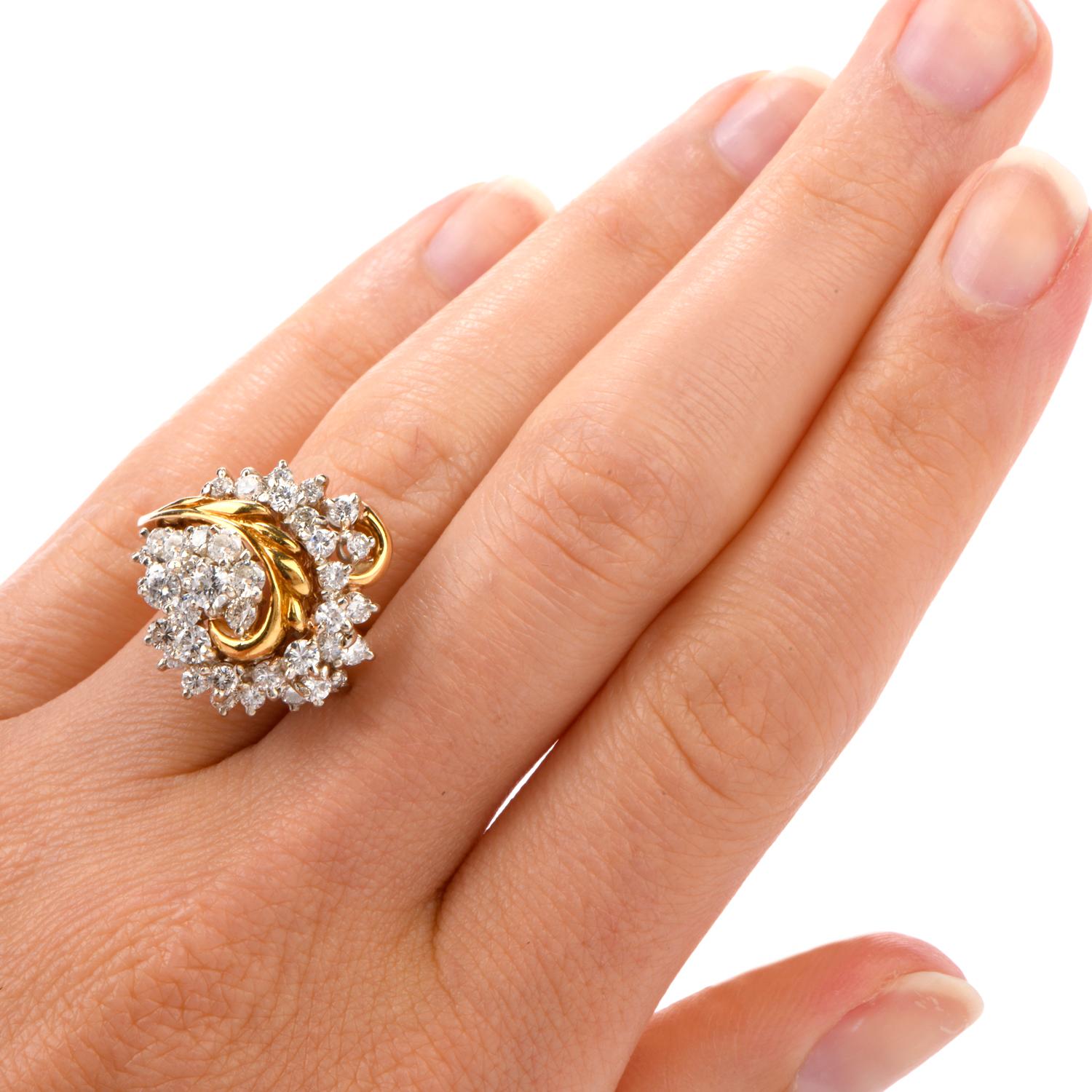 Present this flower for your next occassion!

This estate cocktail ring was inspired in a floral motif

and crafted in 11.4 grams of 18K yellow gold.

One shoulder of the ring winds up the center with a stem and leaves

to hold the flower consisting