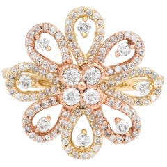 Estate Diamond Cocktail Ring 1.10 Carat 14 Karat Gold Flower Design Fine Jewelry