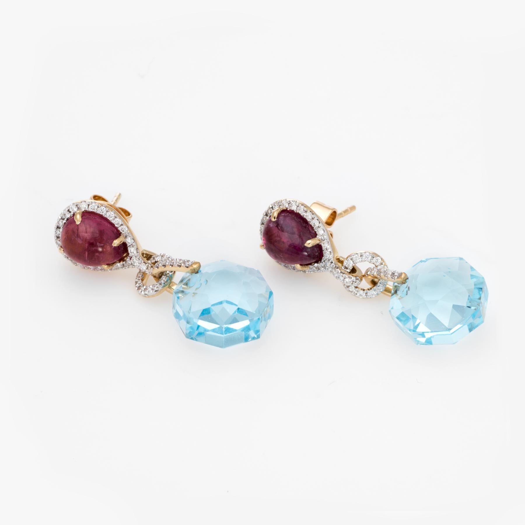 Modern Estate Diamond Earrings Pink Tourmaline Blue Topaz 18 Karat Gold Drop Jewelry
