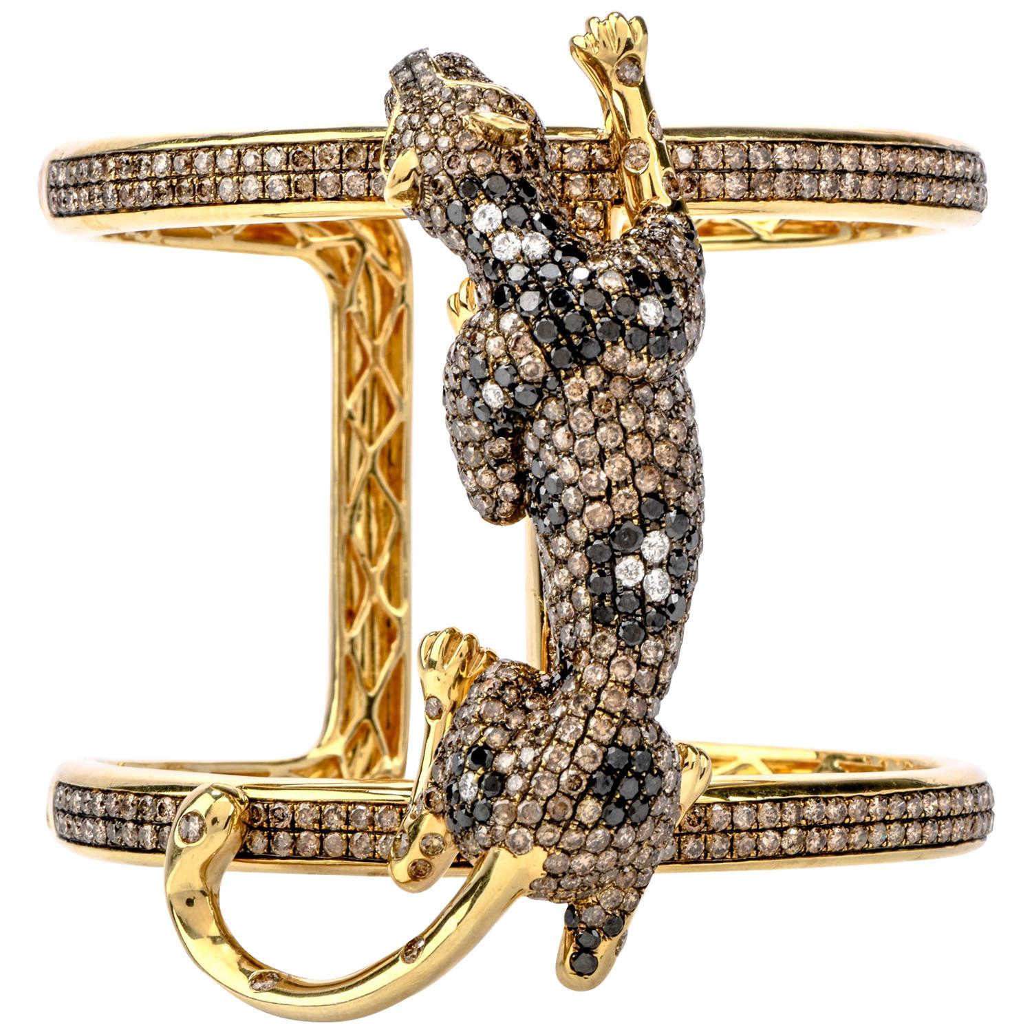 Estate Diamond Emerald 18 Karat Gold Large Panther Cuff Bangle Bracelet