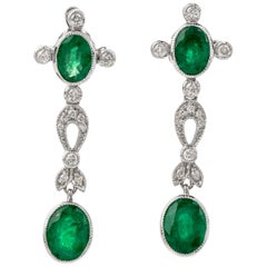 Estate Diamond Emerald 18 Karat White Gold Oval Dangle Drop Earrings