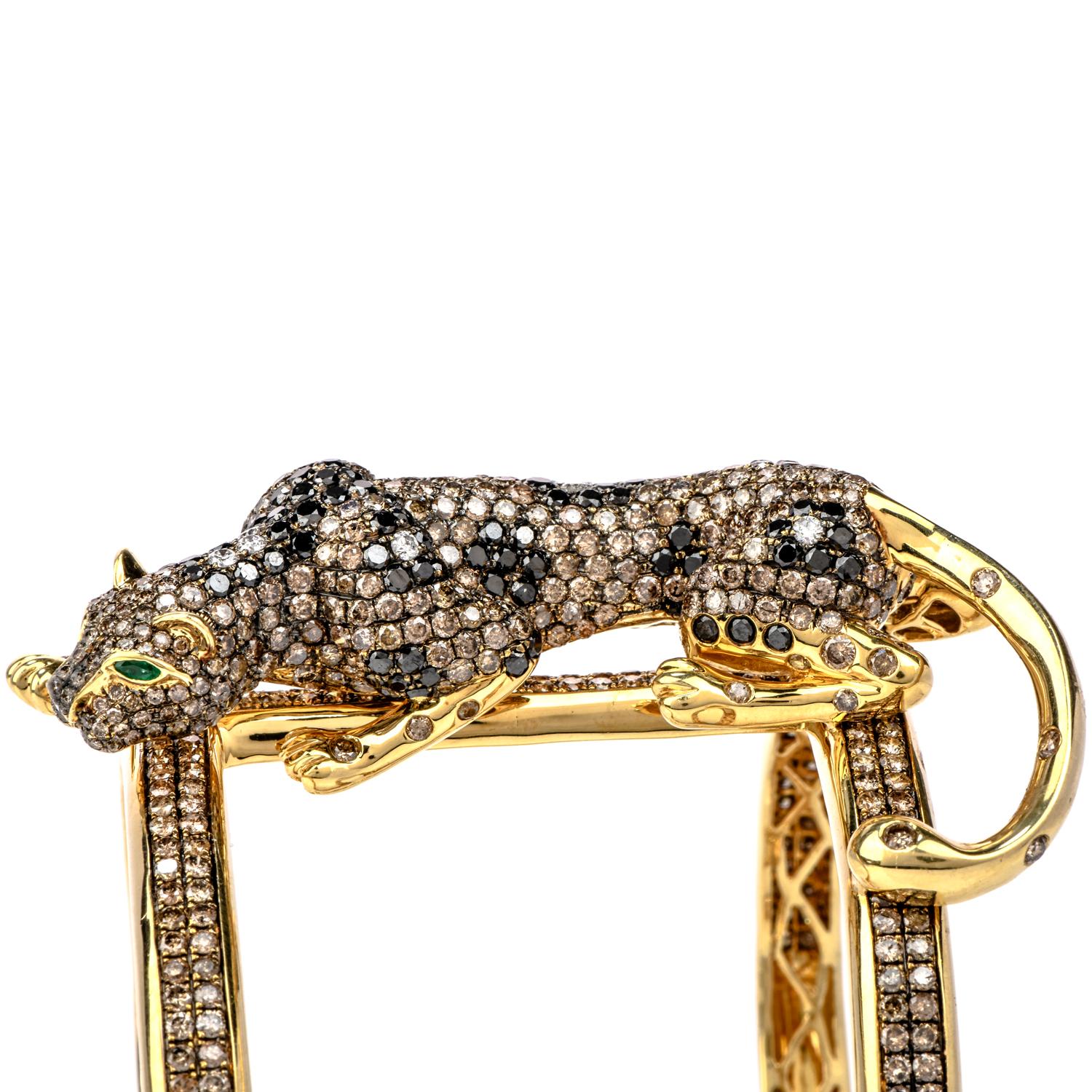 Modern Estate Diamond Emerald 18 Karat Gold Large Panther Cuff Bangle Bracelet