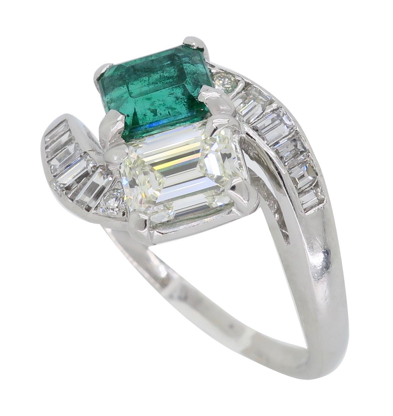 Estate Diamond and Emerald Bypass Ring in Platinum 4