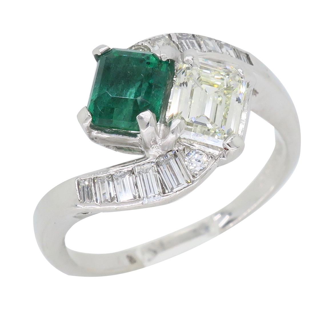 Estate Diamond and Emerald Bypass Ring in Platinum 5