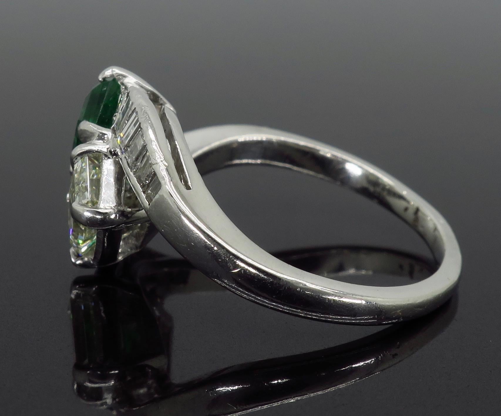 Women's Estate Diamond and Emerald Bypass Ring in Platinum
