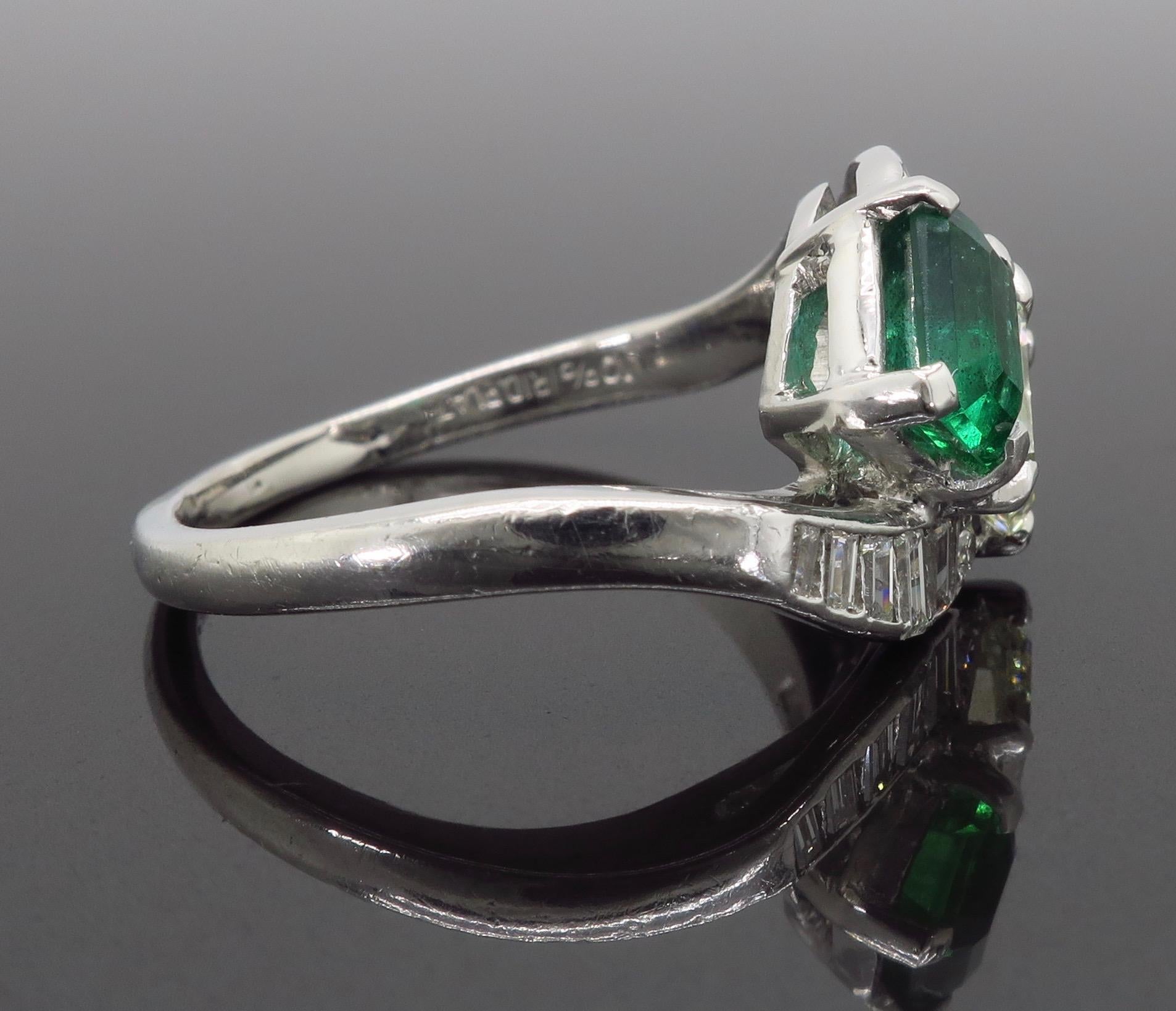 Estate Diamond and Emerald Bypass Ring in Platinum 2
