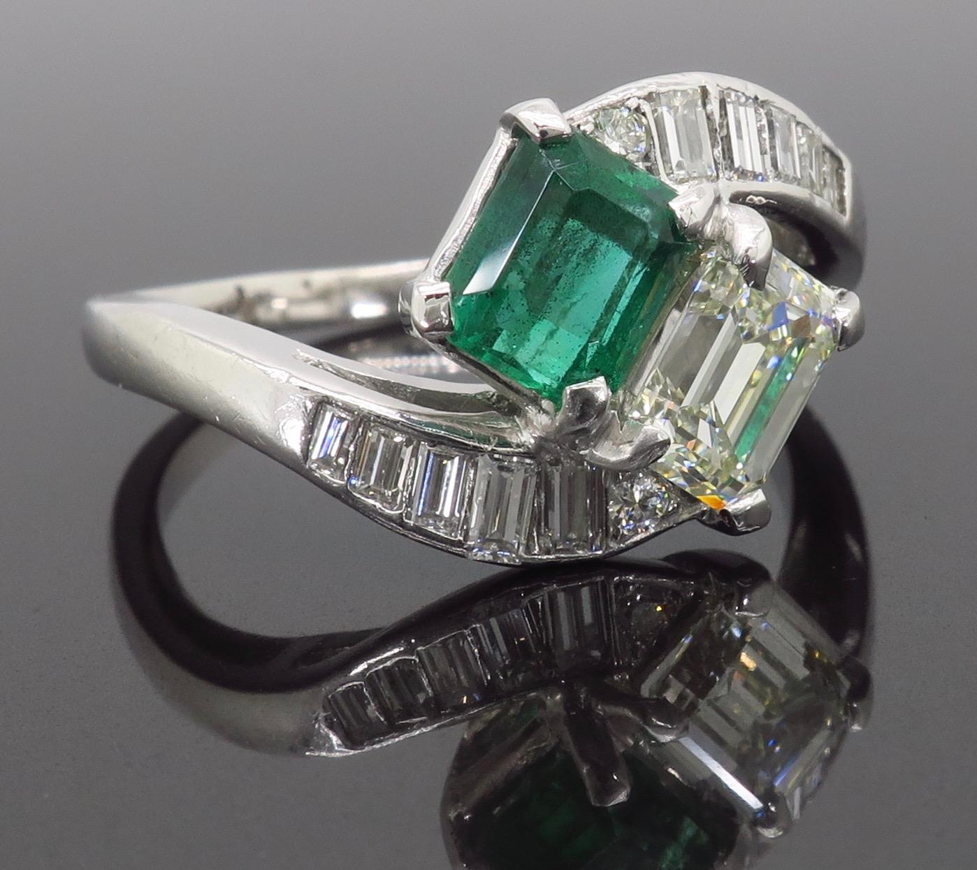 Estate Diamond and Emerald Bypass Ring in Platinum 3