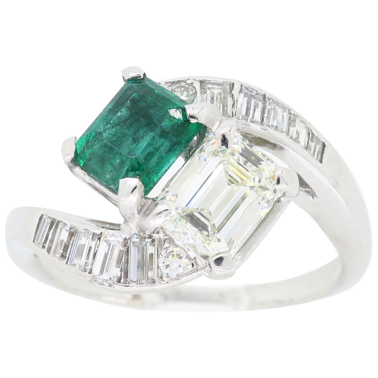 Estate Diamond and Emerald Bypass Ring in Platinum