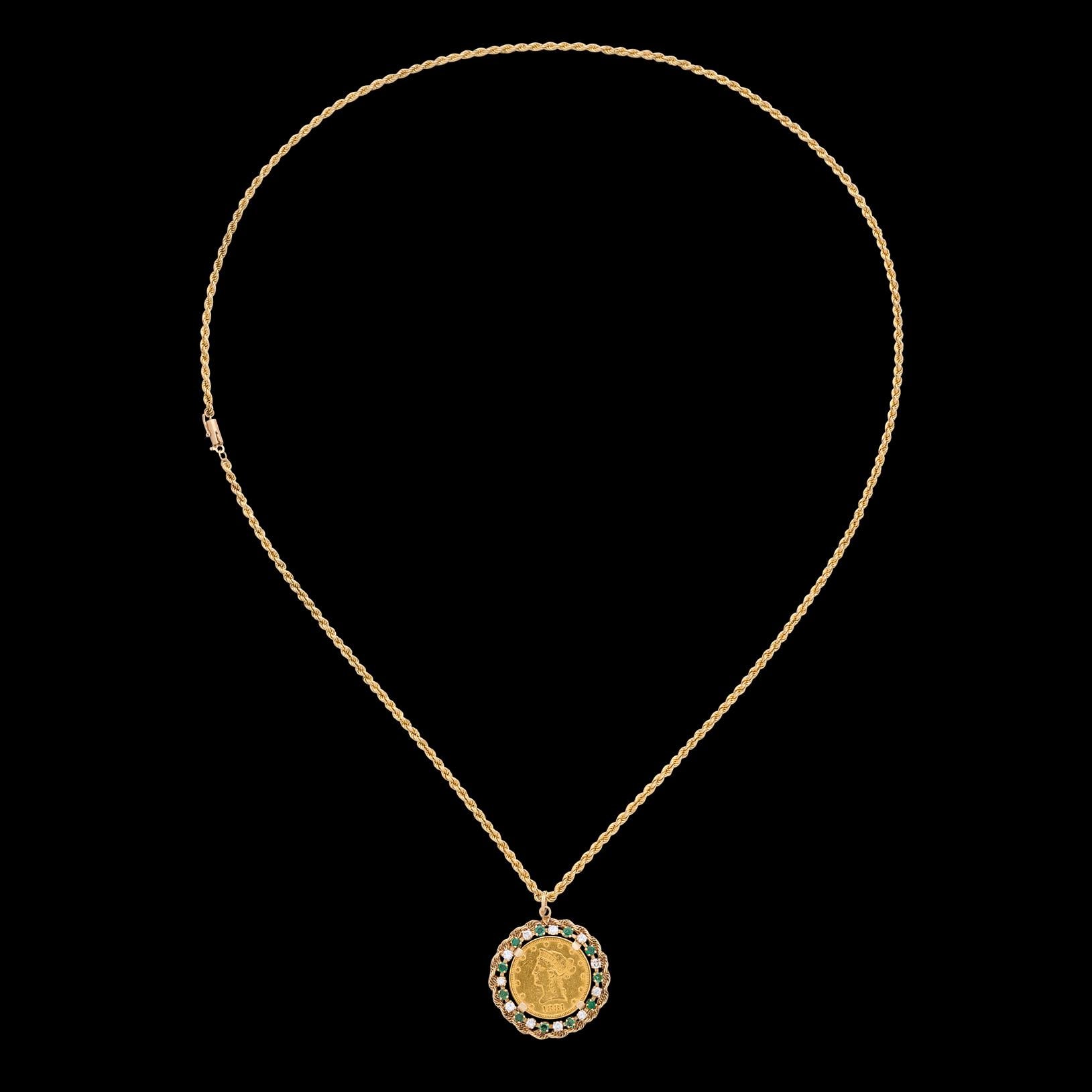 Estate Diamond, Emerald & Gold Coin Pendant-Necklace In Excellent Condition In San Francisco, CA