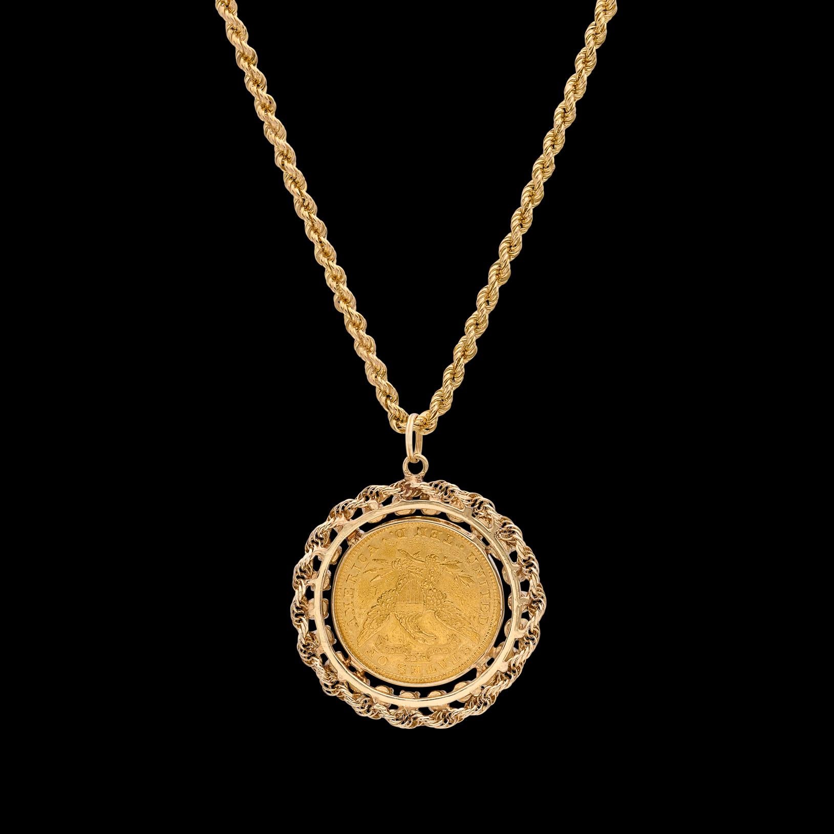 Women's or Men's Estate Diamond, Emerald & Gold Coin Pendant-Necklace