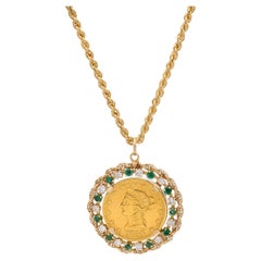 Estate Diamond, Emerald & Gold Coin Pendant-Necklace