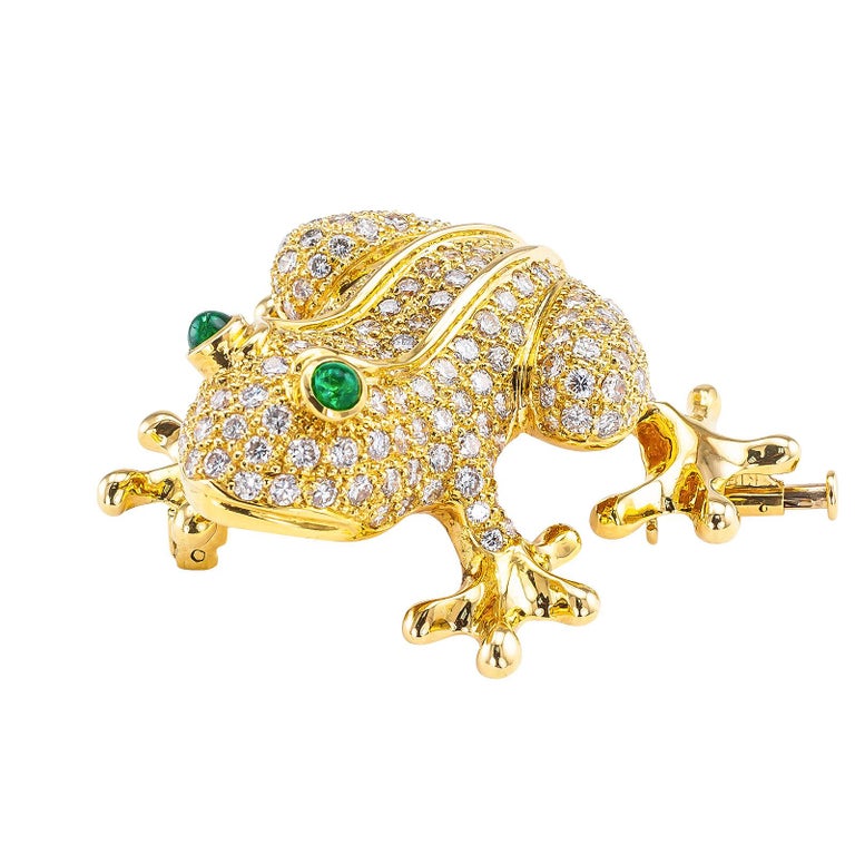 Estate Diamond Emerald Yellow Gold Frog Clip Brooch at 1stDibs