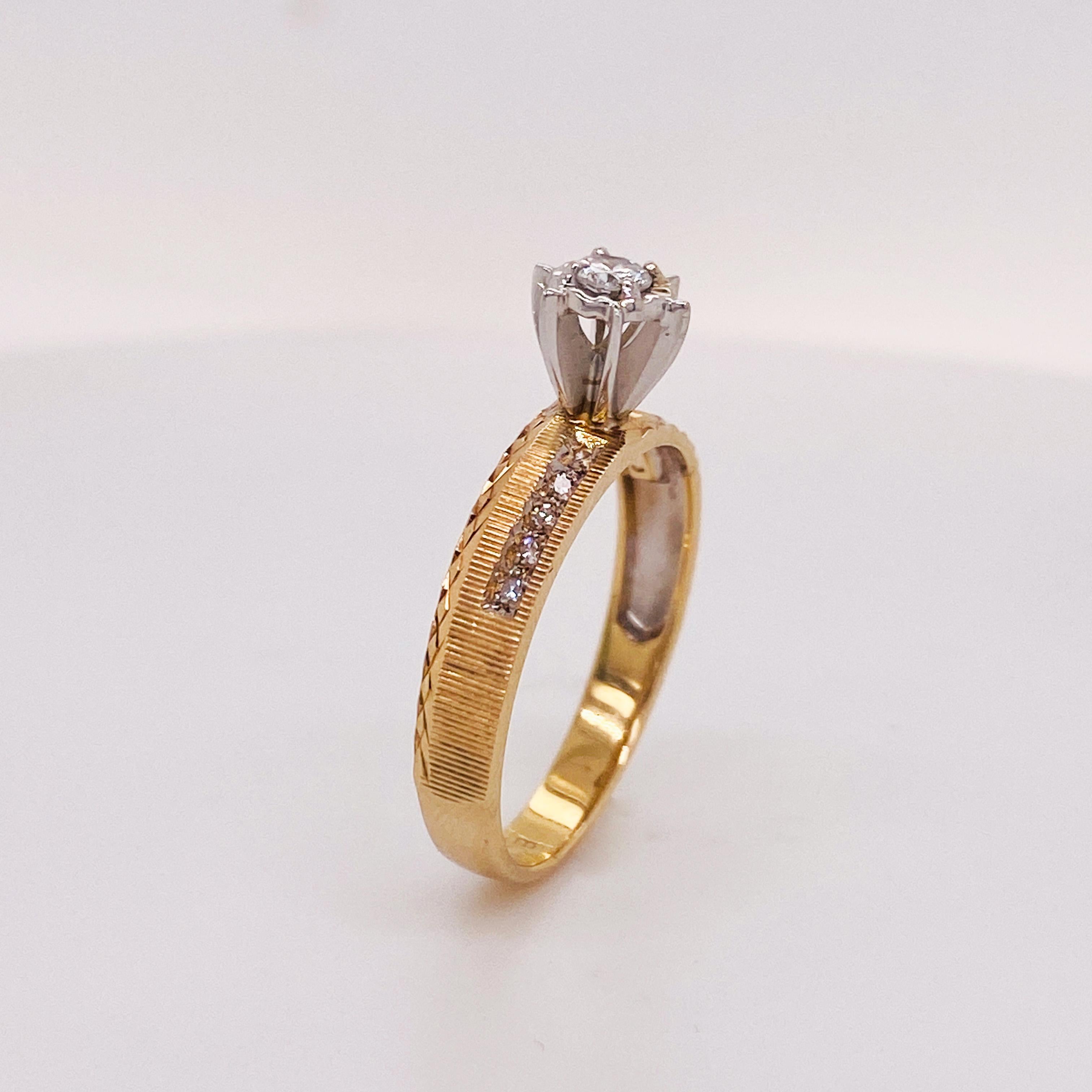 Retro Estate Diamond Engagement Ring in 14K Gold with Lines and Diamond Cut Patterns For Sale