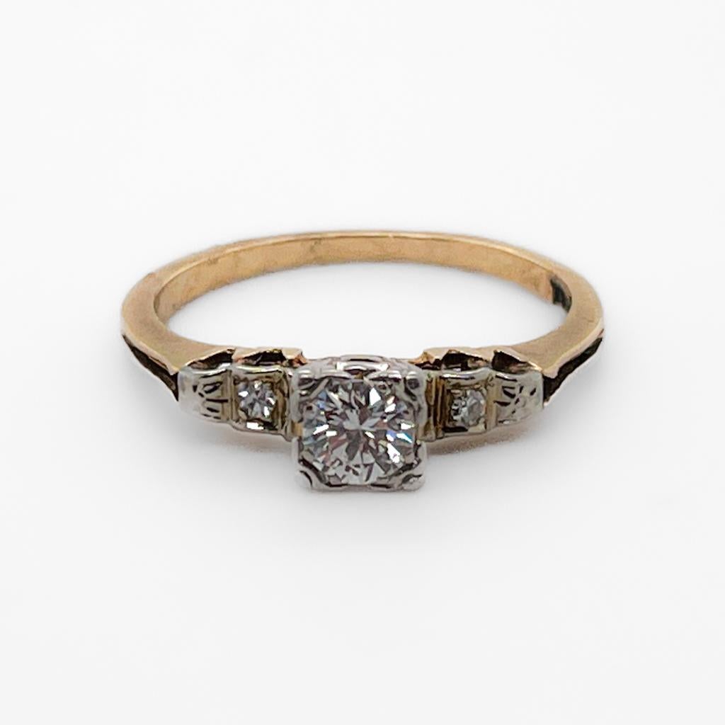 Art Deco Estate Diamond Engagement Ring with Floral Accents in 14k Gold .38 Carat Ctr LV For Sale